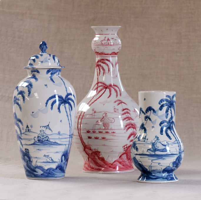 Playful monkey Wigstand vase in Blue, Baluster vase in Pink and Grace vase in Blue